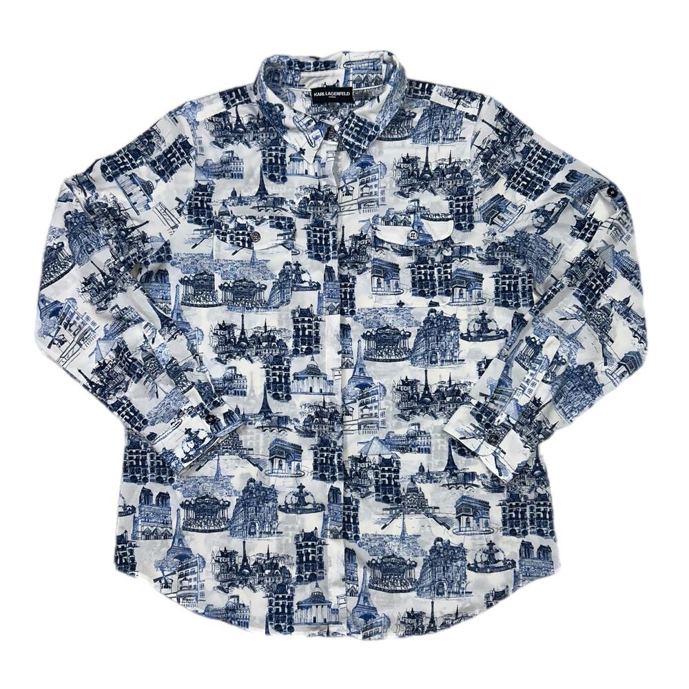 Karl Lagerfeld Paris Scenes Button Up Shirt Women Blue/White Size Large